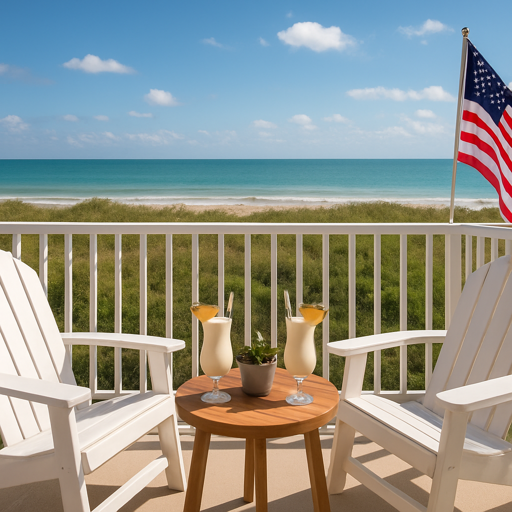 Oceanfront condo balcony in Cocoa Beach with chairs, tropical drinks, and a view of the Atlantic Ocean